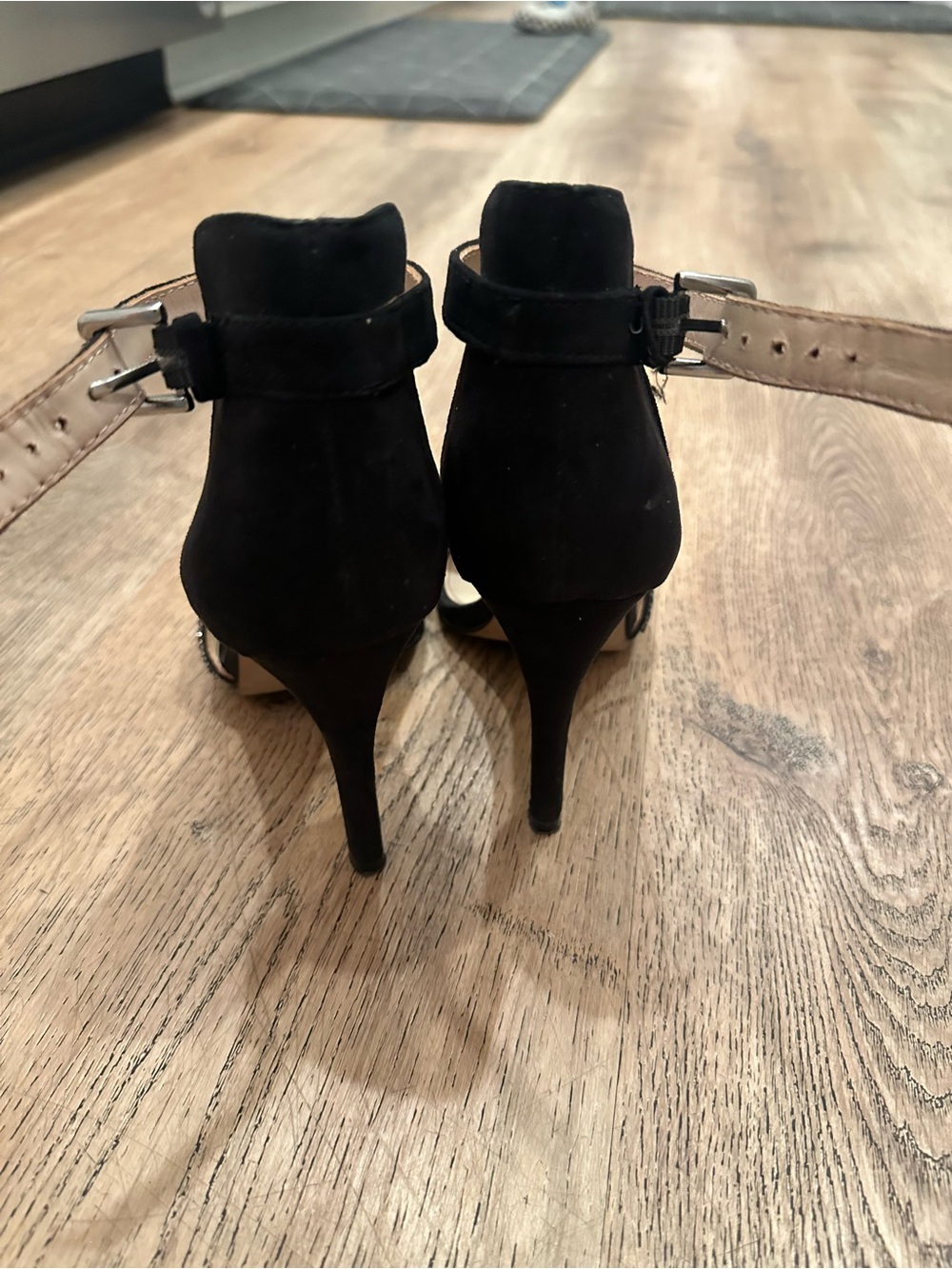 Aldo Black Ankle-Strap Heels with Silver Glitter Toe Band - Picture 6 of 9